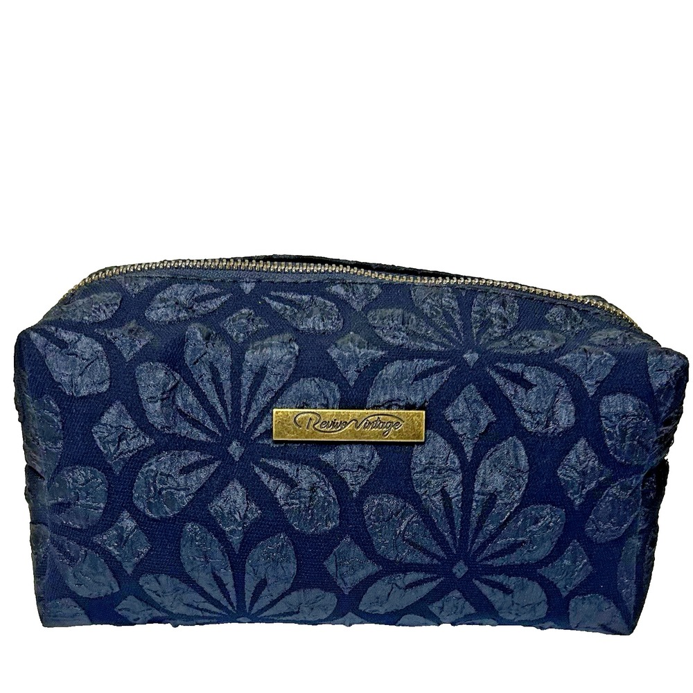 Revive Vintage Navy Blue Flower Toiletry or Cosmetic Makeup Pouch Travel Bag